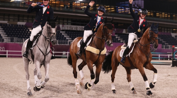 British horse riders celebrate a medal at Tokyo 2020
