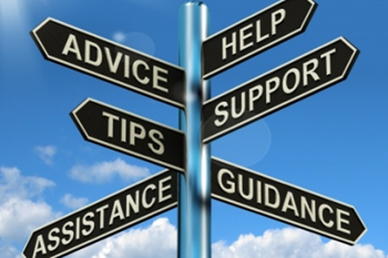 A signpost showing words such as advice, tips, assistance