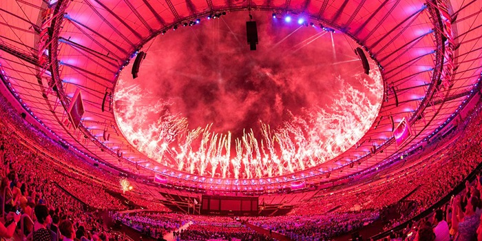 Sports stadium with firework display