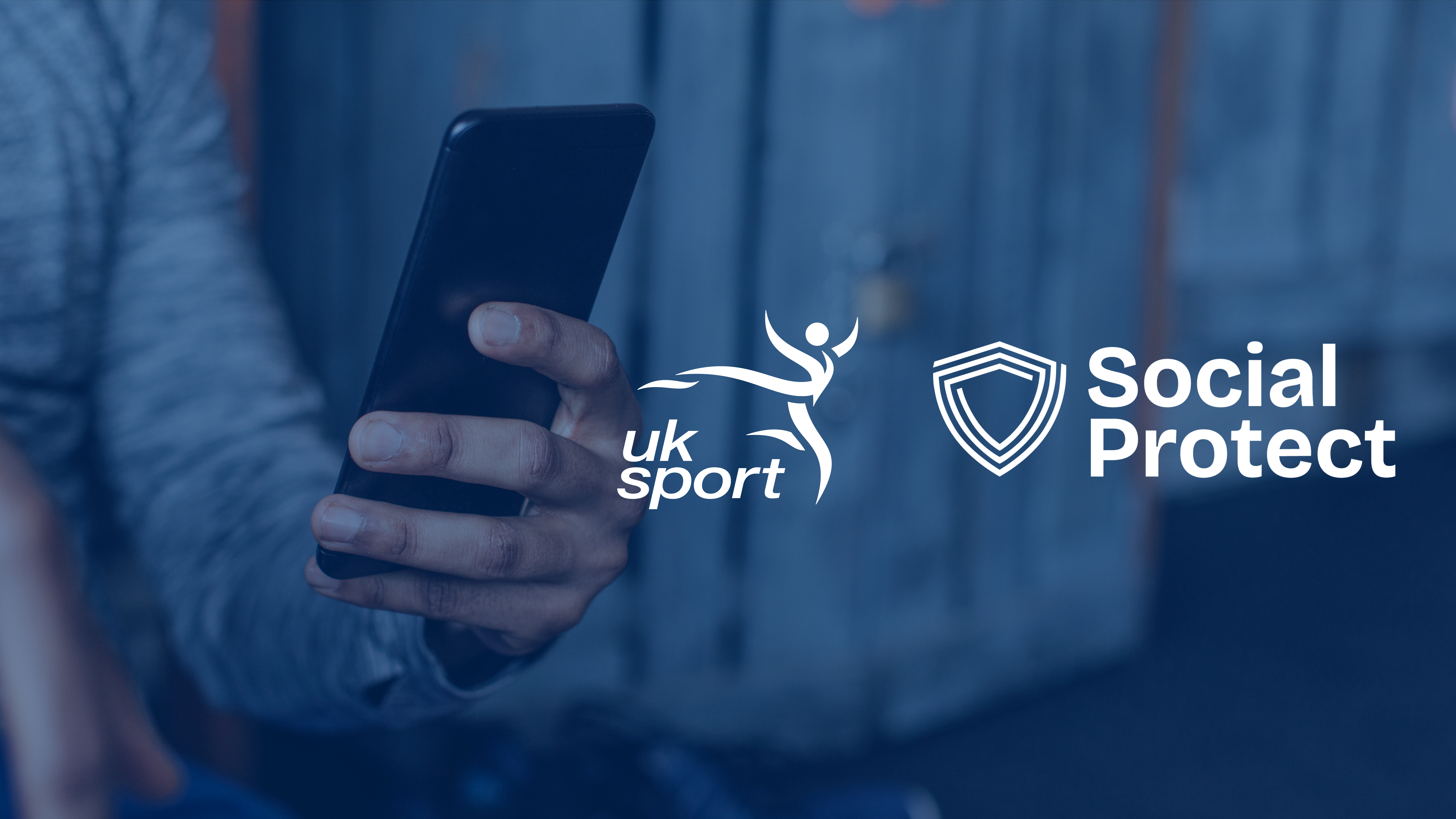UK Sport and Social Protect logos, background image of an athlete using a mobile phone