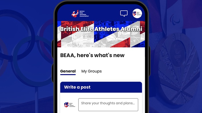 Promotional graphic showing screenshot of the BEAA athlete alumni mobile application
