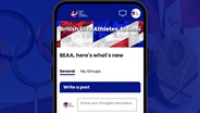 Promotional graphic showing screenshot of the BEAA athlete alumni mobile application
