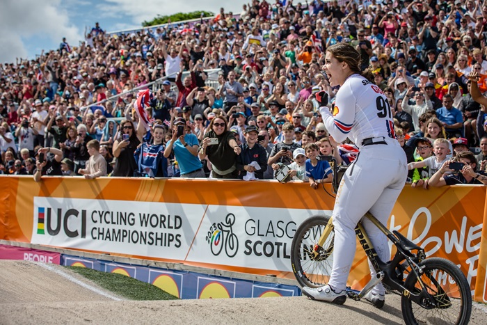 Beth Shriever celebrates winning the World Championships in Glasgow at the UCI Cycling World Championships 2023.