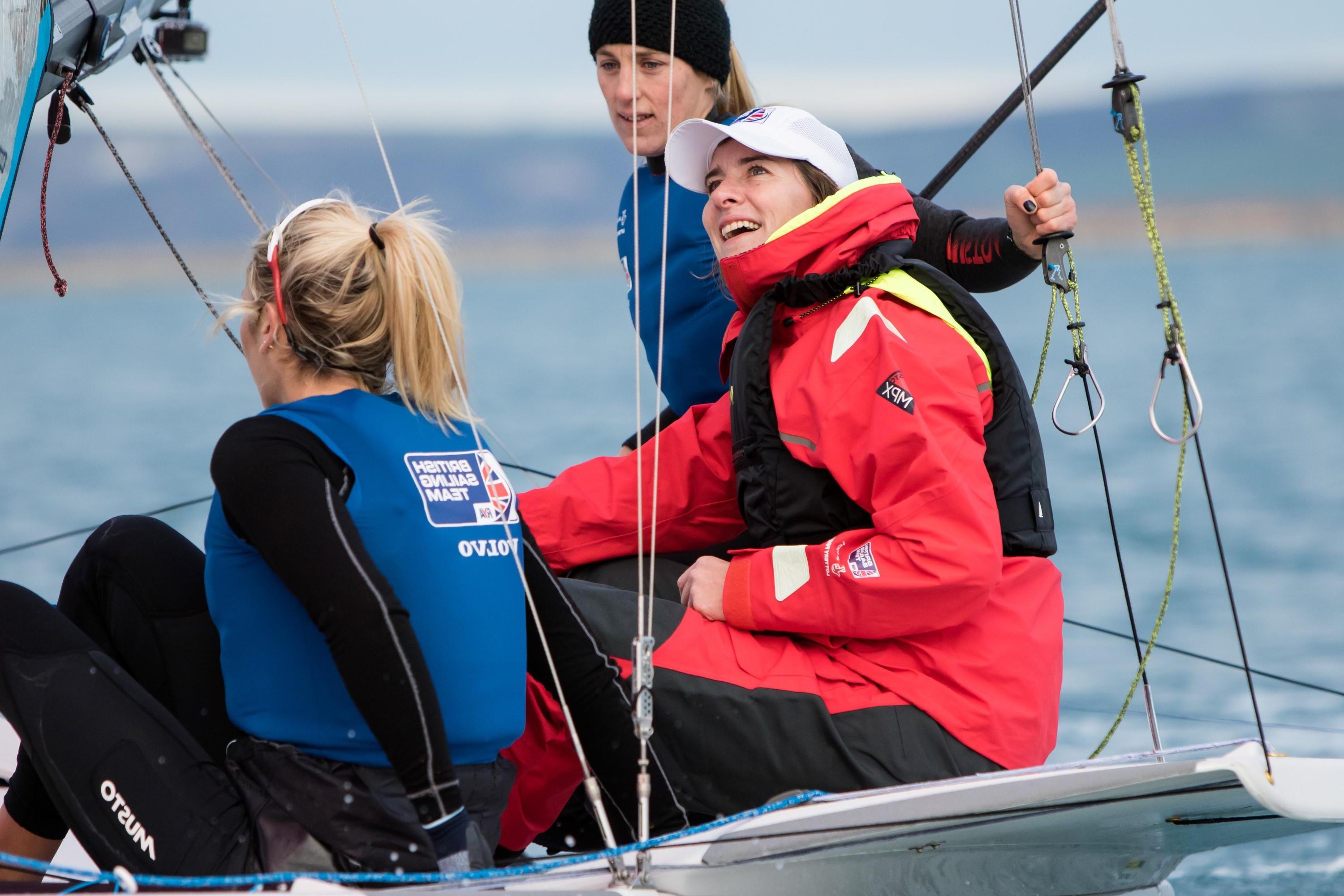 Dame Katherine Grainger with Charlotte Dobson and Saskia Tidey in 49er FX