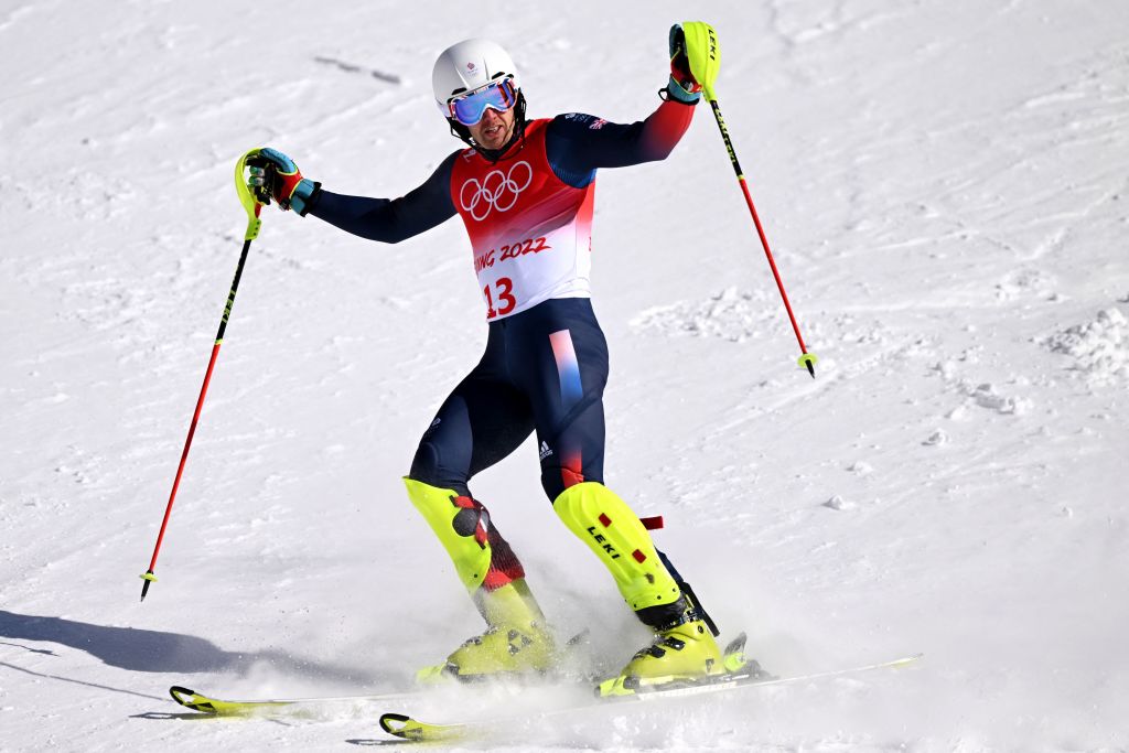 Dave Ryding celebrating the end of the ski run at Beijing Olympics