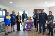 Simon Morton, Deputy CEO of UK Sport launches the Gold Framework at Bentley RLFC alongside, Stuart Andrew, Sport Minister and Tom Halliwell, Captain of the England Wheelchair Rugby League team.