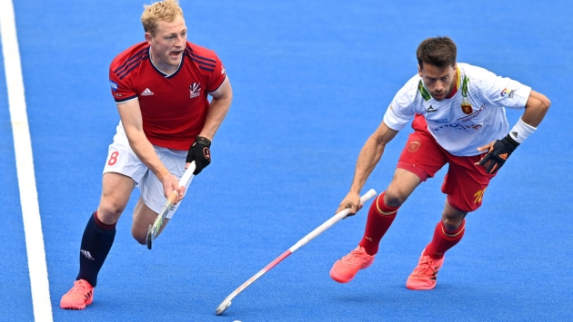Marc Salles of Spain tackles Rupert Shipperley of Great Britain during the FIH Hockey Pro League match between Great Britain Men and Spain at Lee Valley Hockey and Tennis Centre