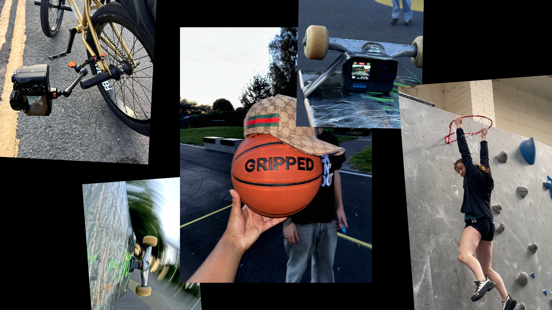 Collage of five images showcasing urban sports: a person skateboarding on pavement; a close-up of a skateboard with a mounted camera; a hand gripping a bicycle handlebar; a basketball labelled 