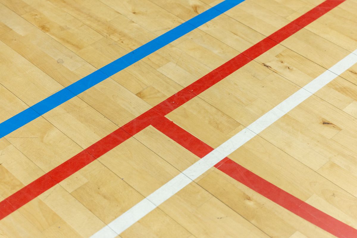 Indoor Court featuring blue, red and white lines on wooden floor