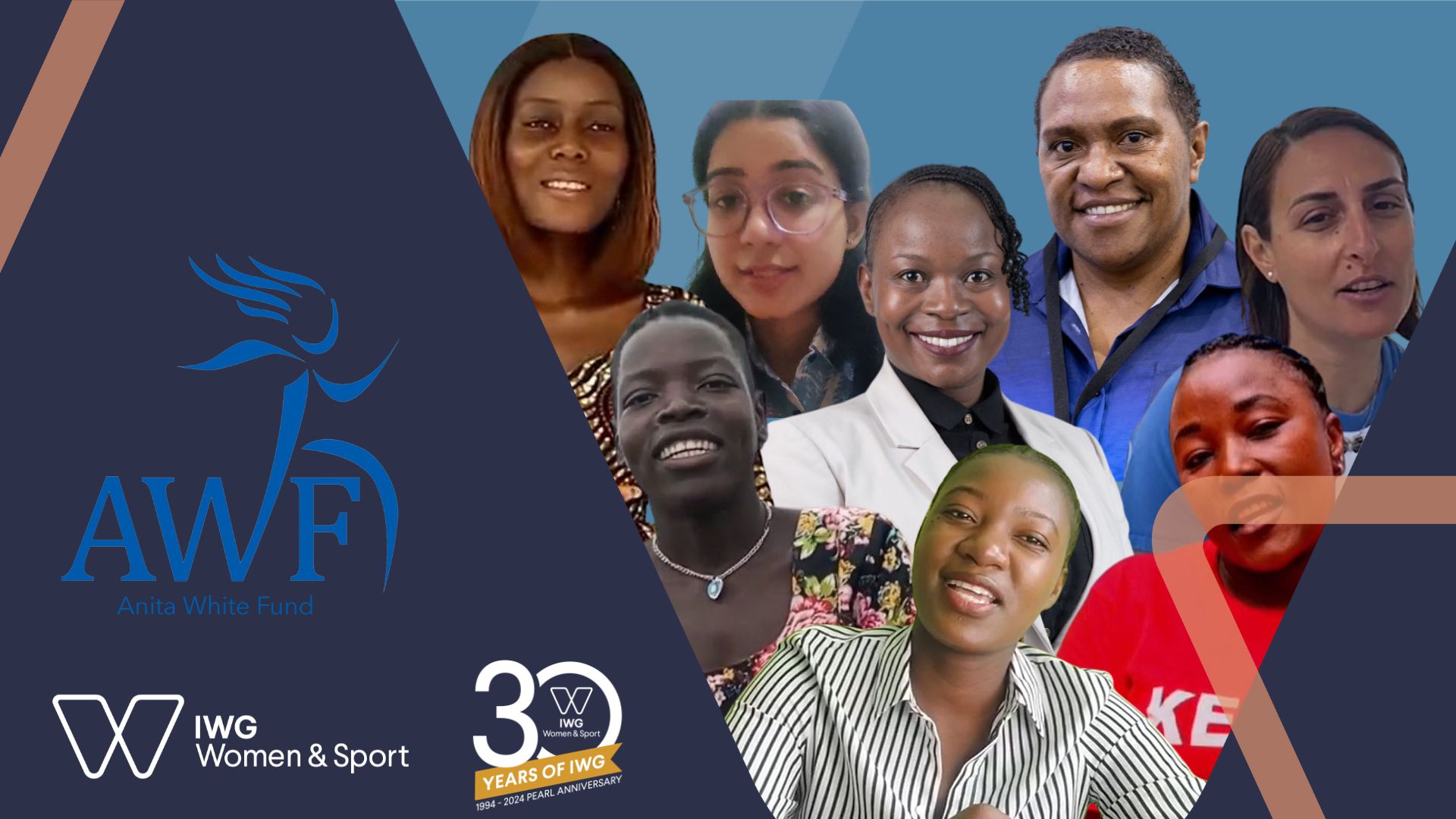 A graphic showing the faces of the people who have been awarded a grant as part of the IWG Women & Sport Anita White Fund.