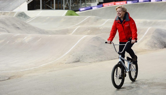 UK Sport CEO Liz Nicholl tries a BMX