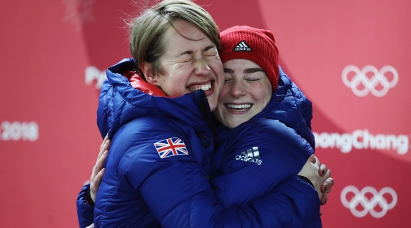 Lizzy Yarnold and Laura Deas celebrate in PyeongChang 2018