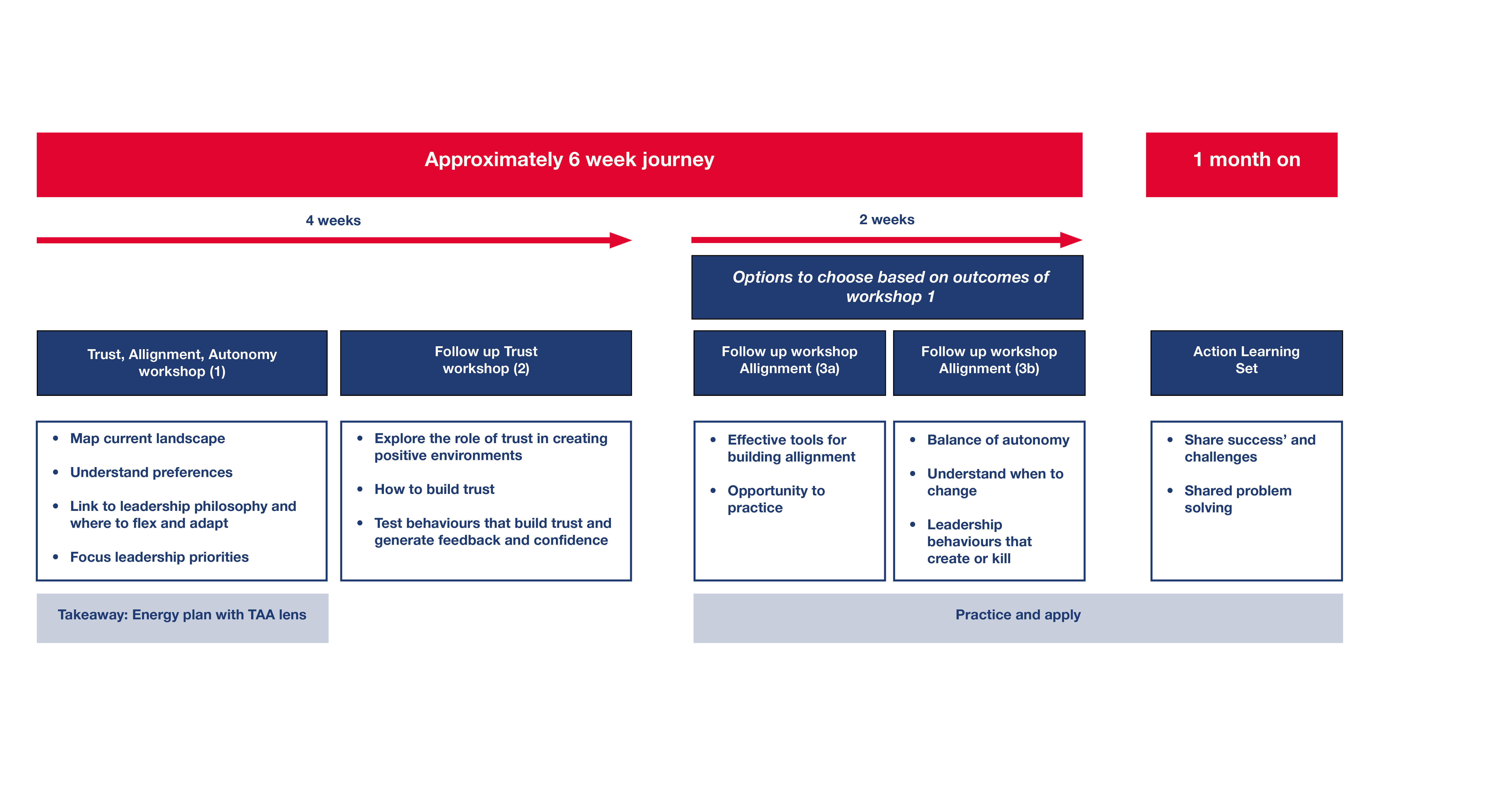 Diagram showing the learning journey and timescale of the Leading With Impact Module