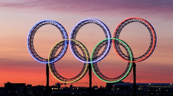 An illuminated sign in the shape of the Olympic rings