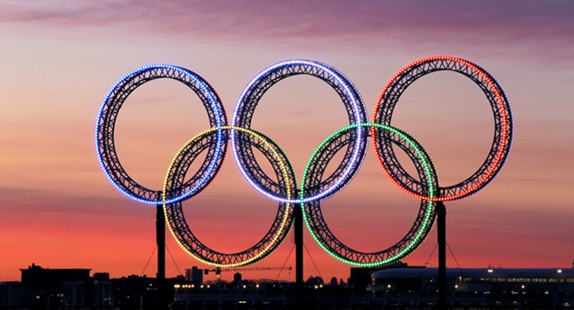 An illuminated sign in the shape of the Olympic rings