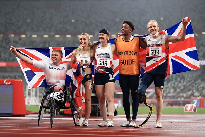 Team GB celebrate after the Team Relay event at Tokyo 2020