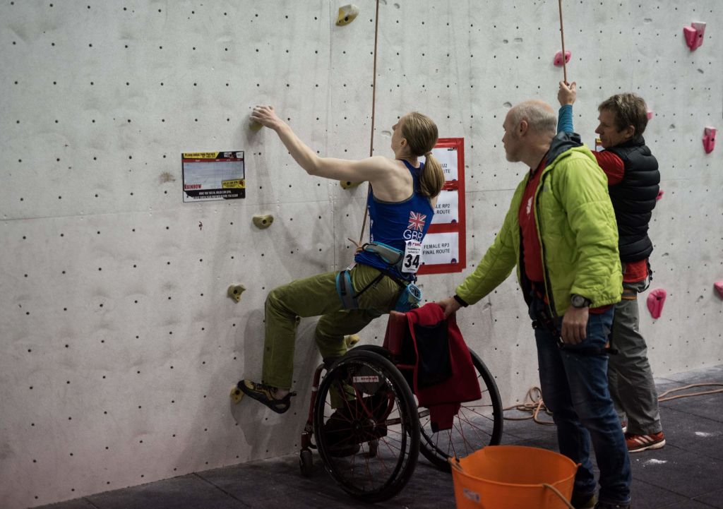 British climber Hannah Baldwin competes in the English stage of the IFSC (International Federation of Sport Climbing) Paraclimbing Cup at the Awesome Walls climbing centre in Sheffield, northern England on October 8, 2017. 