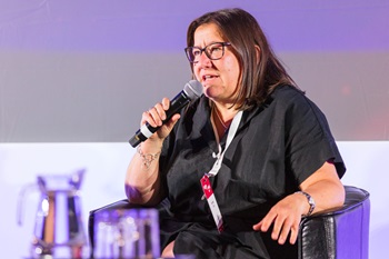 Sally Munday speaking at Beyond Sport Conference, Villa Park, July 2022