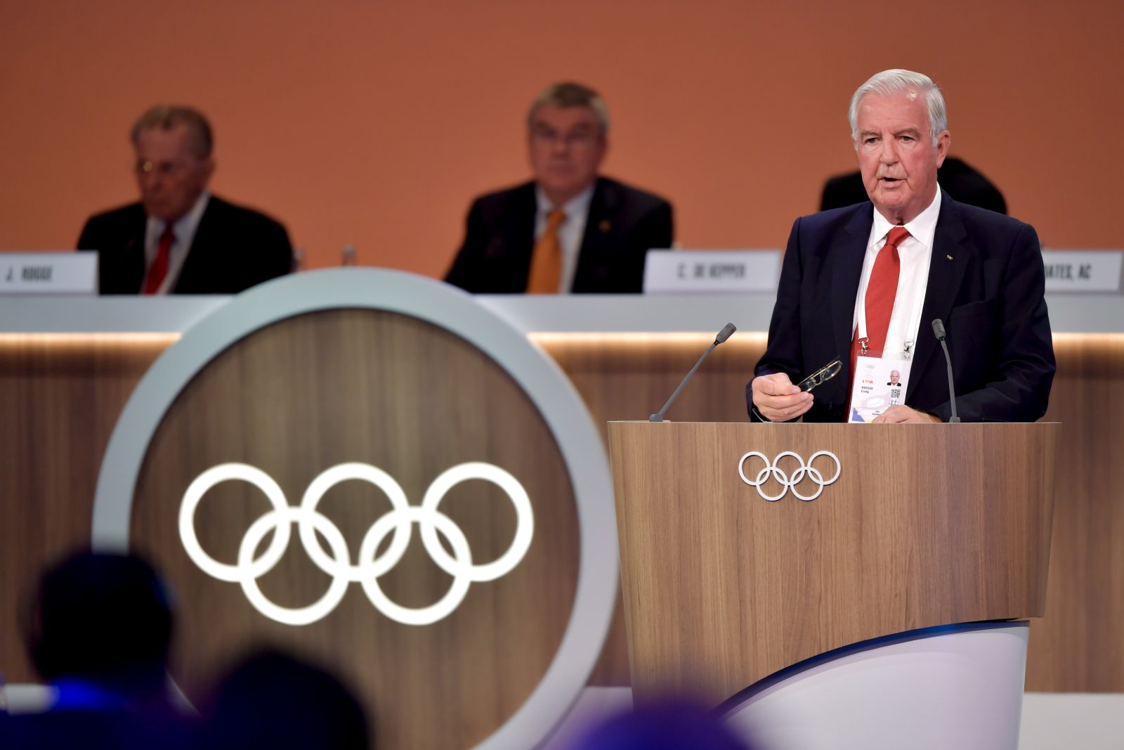 Sir Craig Reedie member delivers his report on doping during the 131st IOC session in Lima on September 15, 2017.