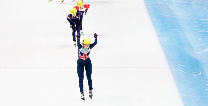 Athletes competing in short track speed skating