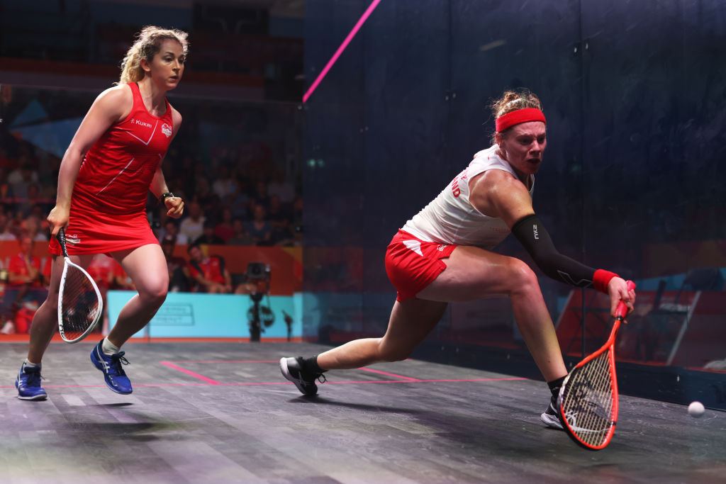 Sarah-Jane Perry of Team England competes during the Women's Singles Squash Semi-Finals match between Georgina Kennedy and Sarah-Jane Perry of Team England on day five of the Birmingham 2022 Commonwealth Games.