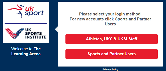 Screenshot showing the login options for The Learning Arena