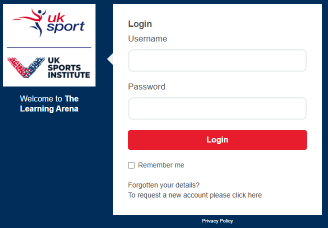 Screenshot showing The Learning Arena login page