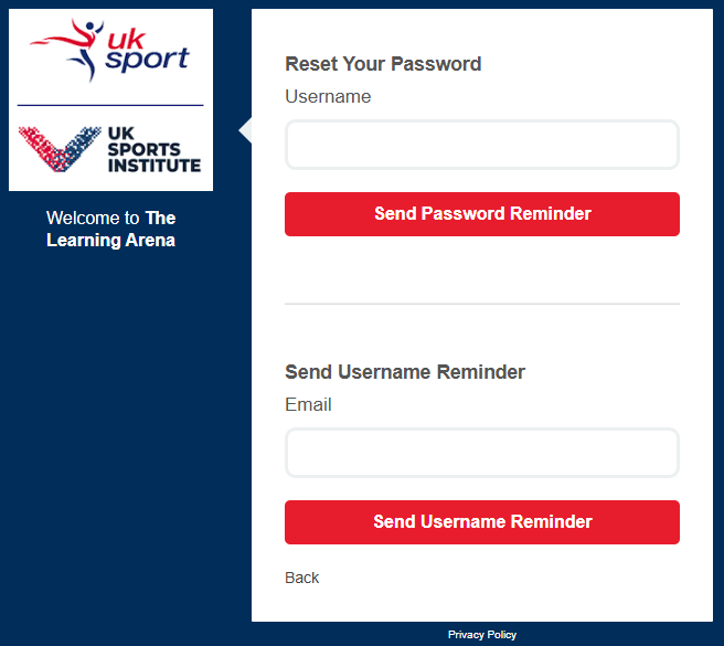 Screenshot showing The Learning Arena reset password screen