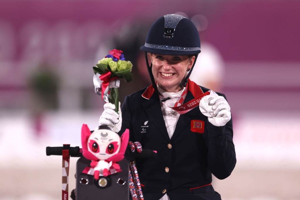 natasha Baker celebrating her equestrian Paralympic medal at Tokyo