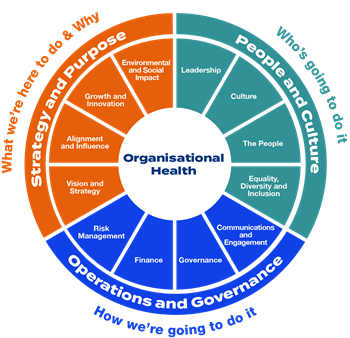 Organisation Health Tool Graphic - a pie chart listing how sports can use the tool to support their business.