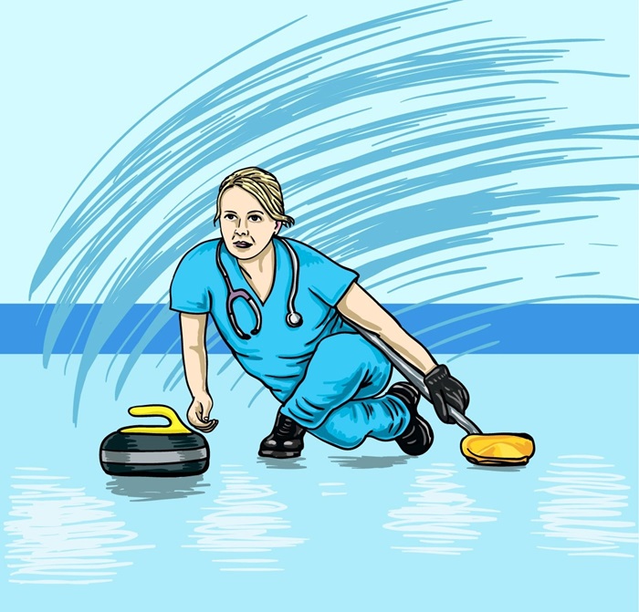Vicky Wright curling wearing her NHS scrubs 