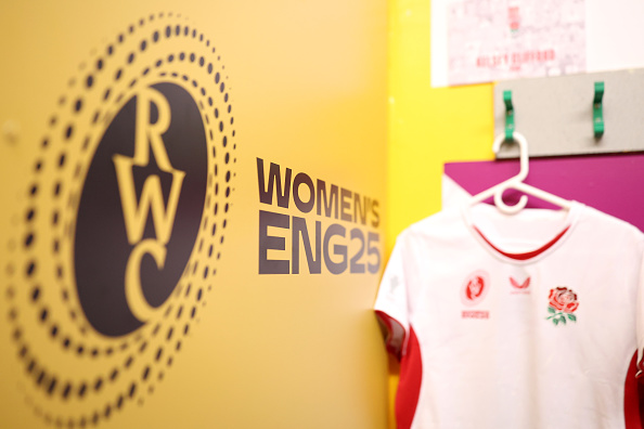 Women's Rugby World Cup 2025 branding with an England shirt in the background