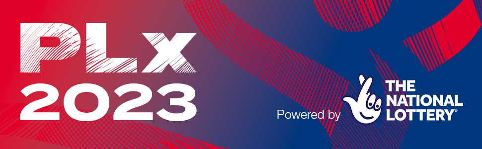 Graphic banner with text that reads PLx 2023 powered by The National Lottery