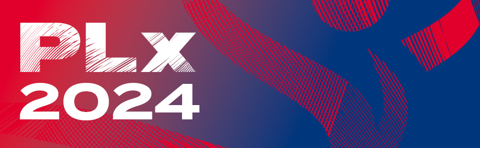 Banner in red and blue with the UK sport victor logo of a person celebrating behind some text that read PLx 2024.