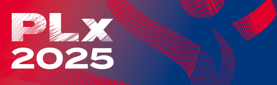 A blue and red banner, with a red icon of a UK Sport victor (person) on it - text on the banner reads PLx 2025.